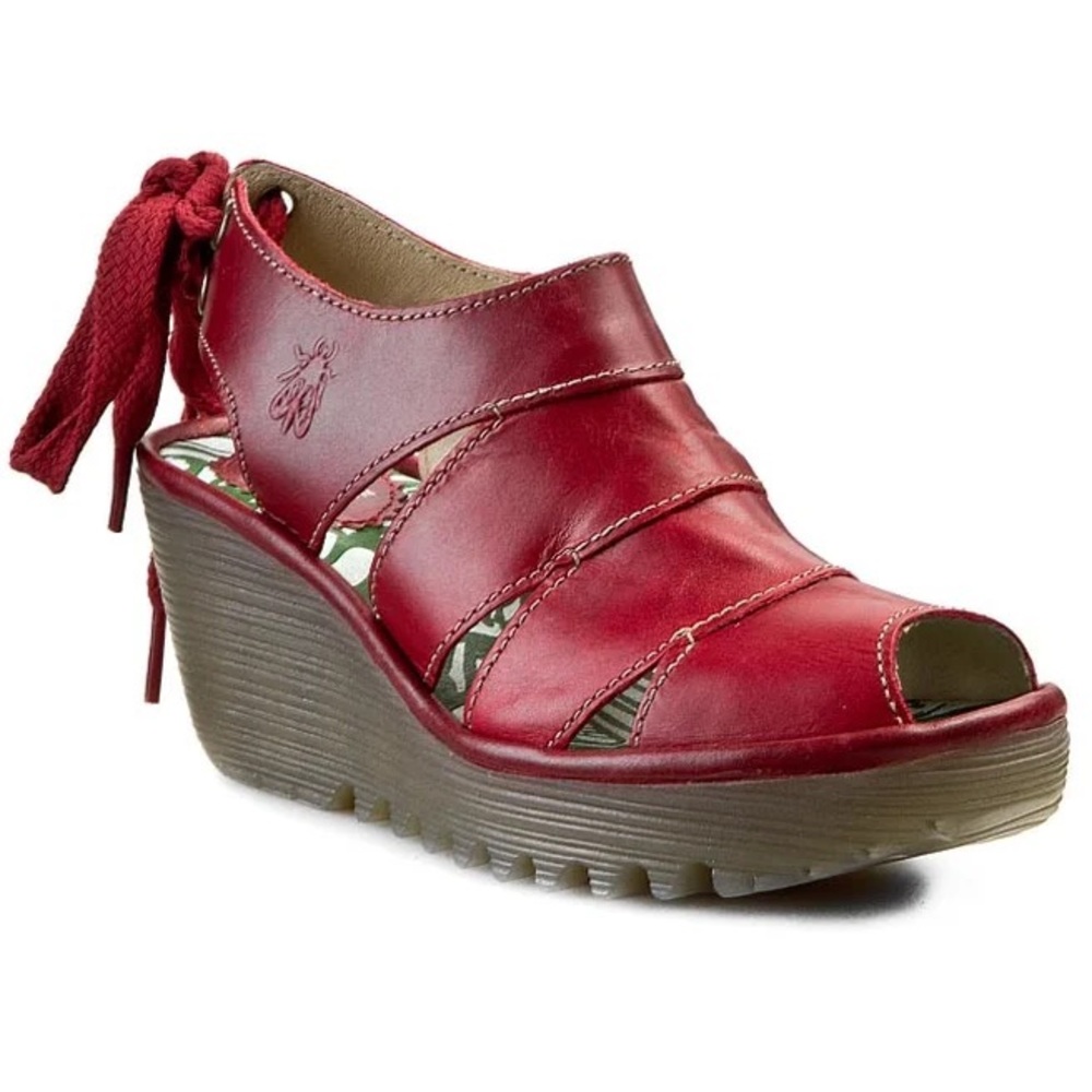 Red Fly London Wedge Peep Toe Sandals Lace Up